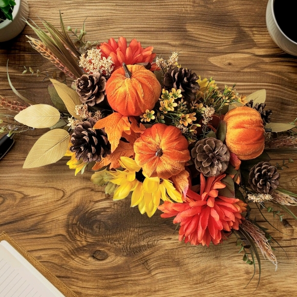 Hand Crafted Fall Velvet Pumpkin Centerpiece Flower Arrangement Sunflowers Mums